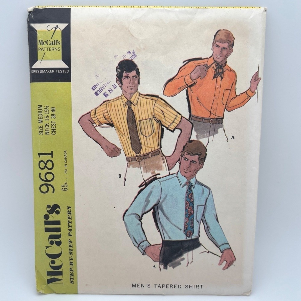 Vintage McCalls 9681 Mens Tapered Shirt Sewing Pattern UnCut Size M Chest 38-40